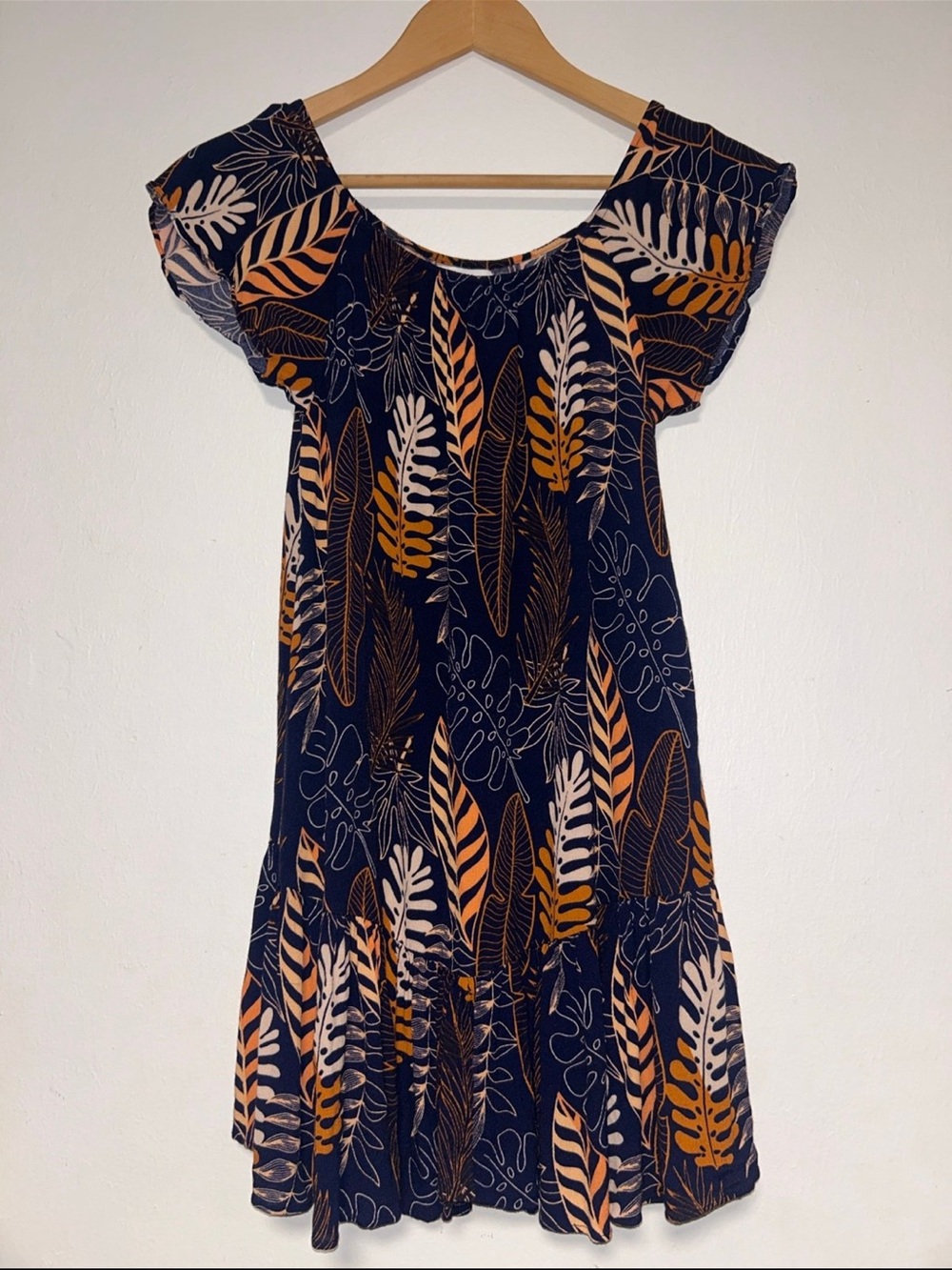 Girls Navy Leaf-Print Ruffle Dress